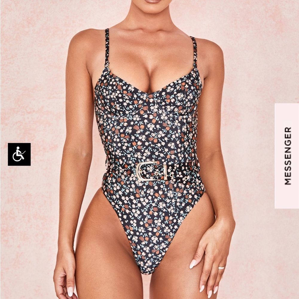 House of CB Black Floral Belted One-Piece Swimsuit